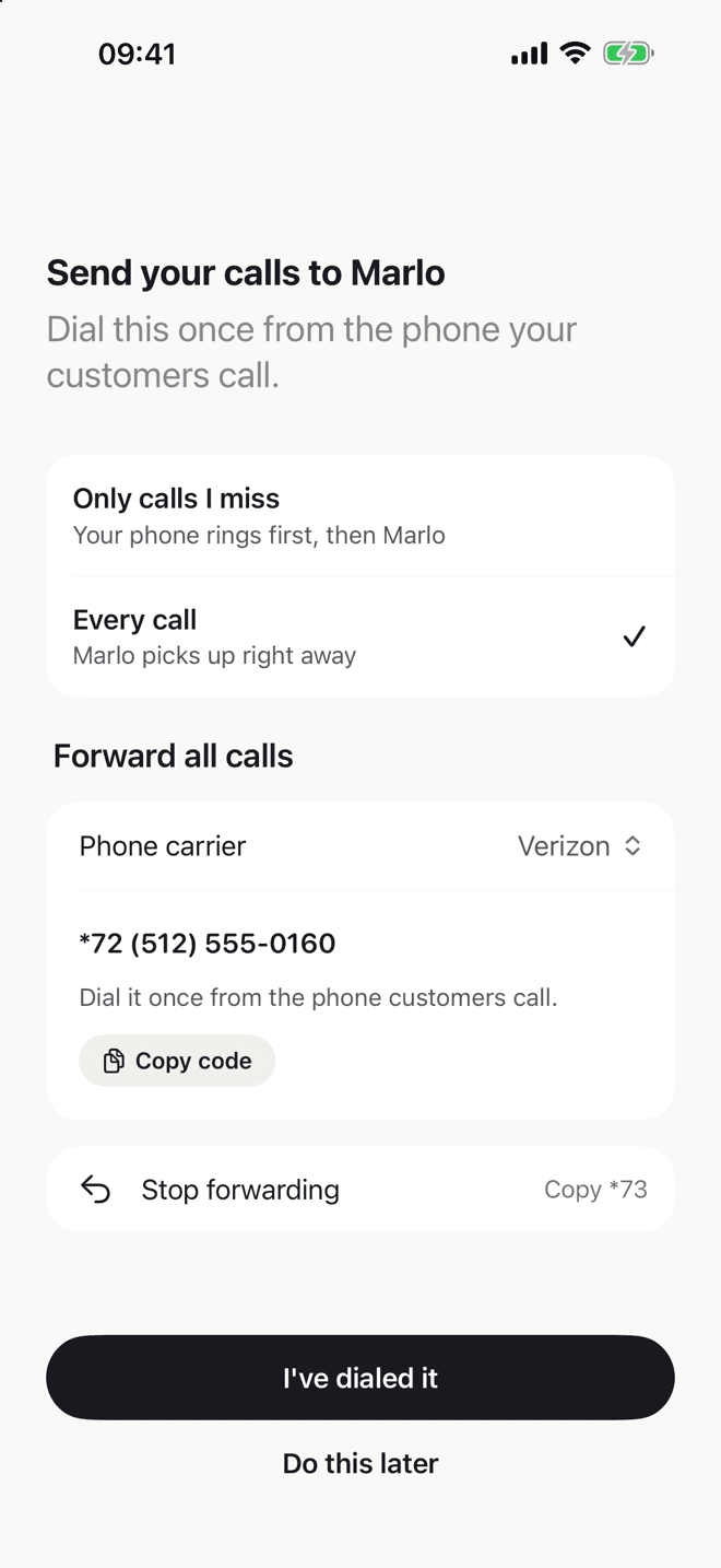 Forwarding your calls, in the Marlo app