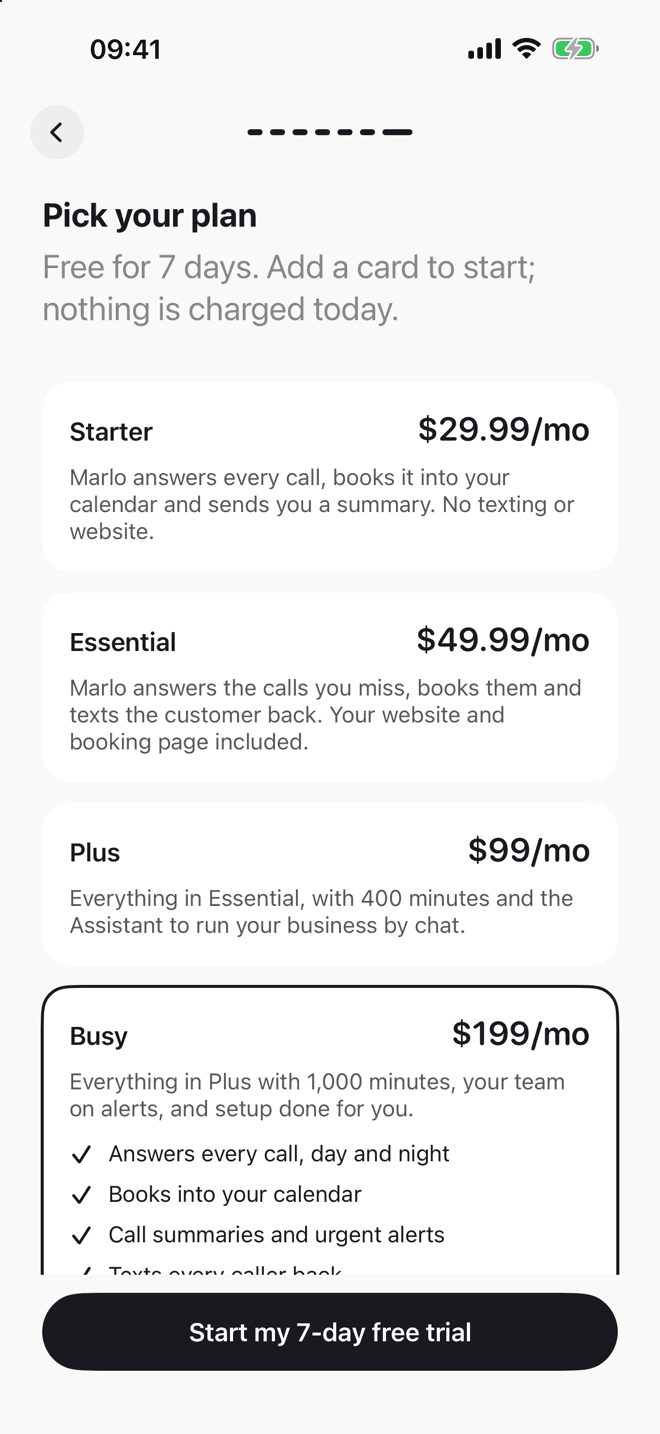 Picking a plan, in the Marlo app