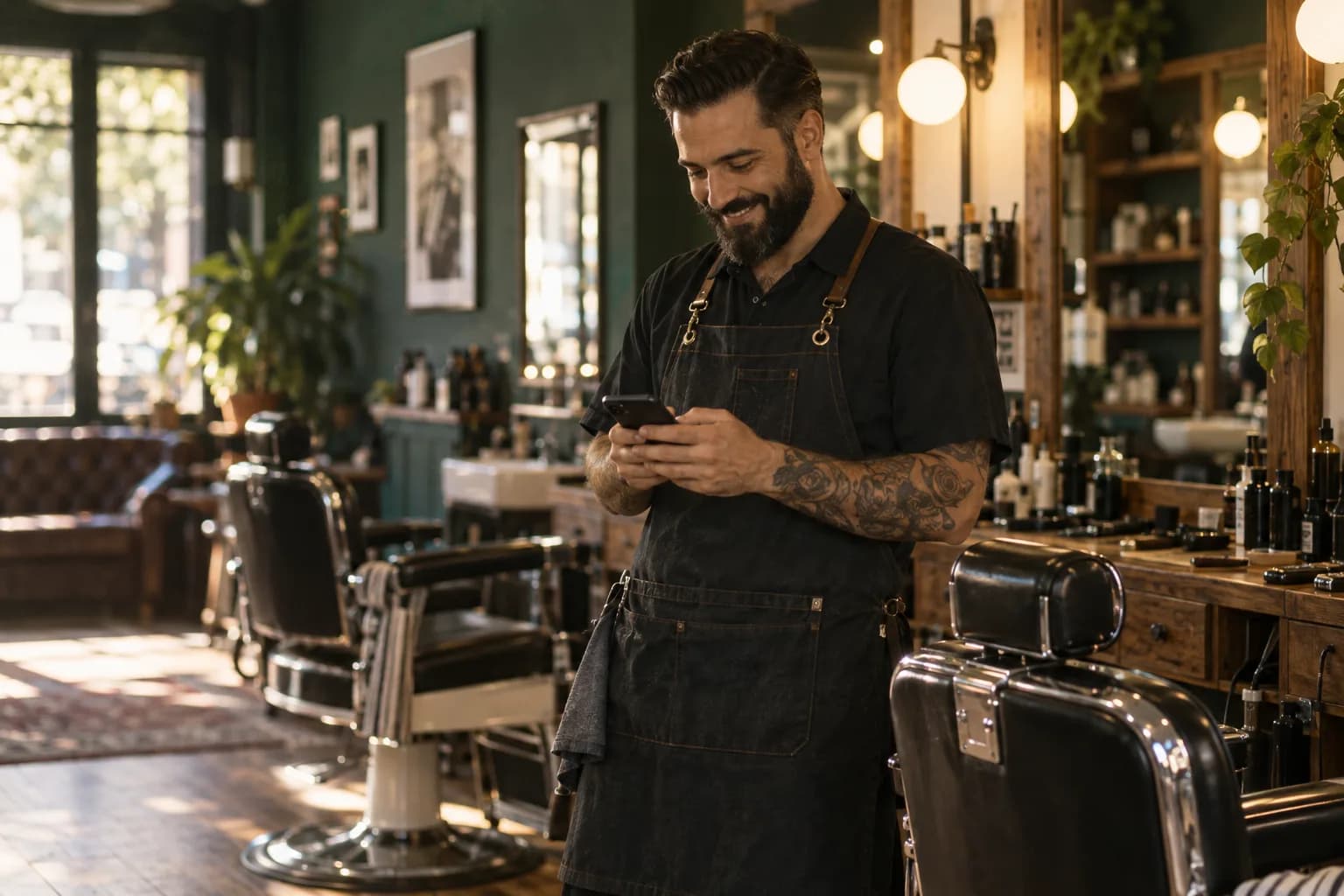 A barbershop pro checking the Marlo app between jobs