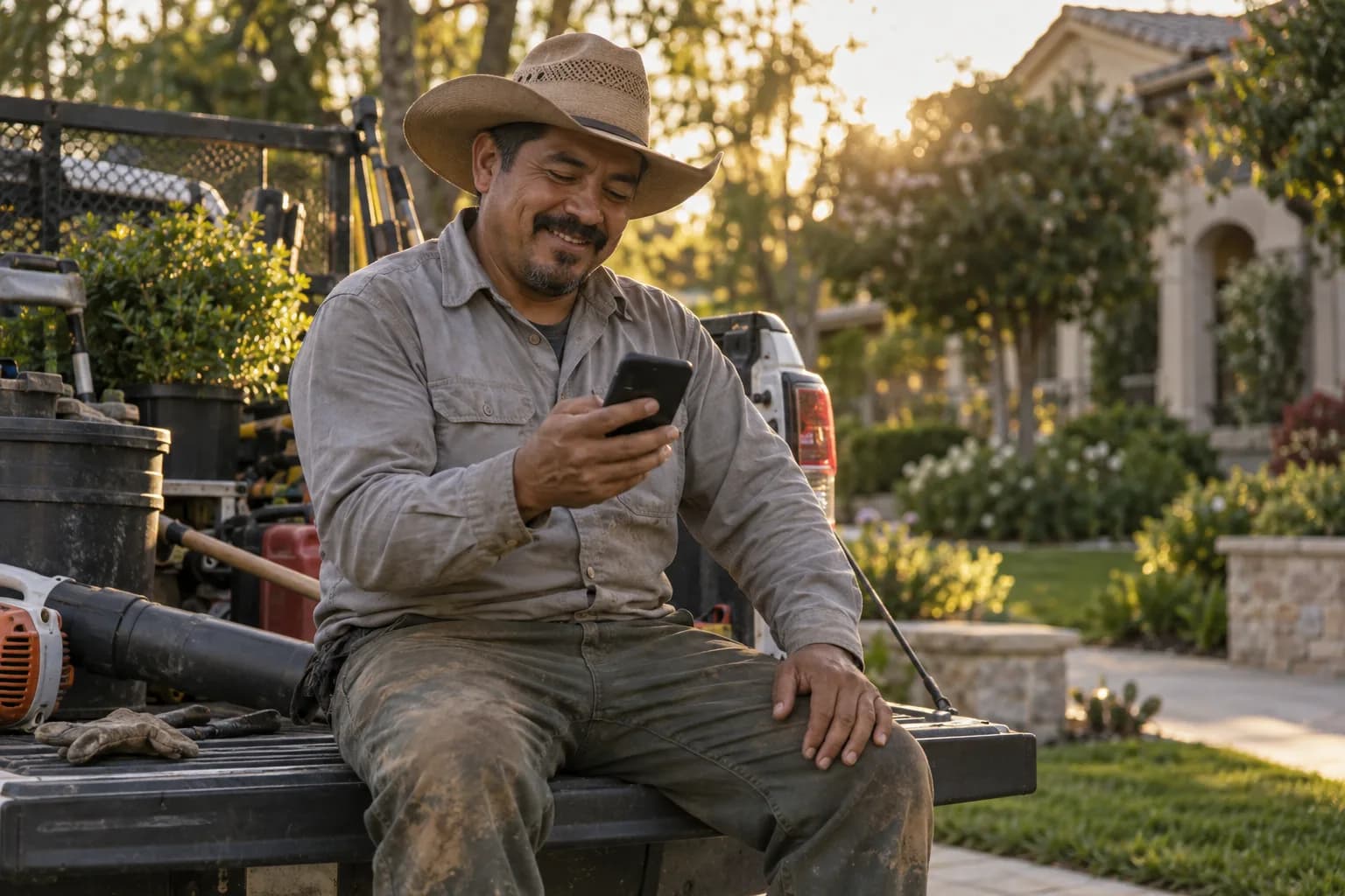 A landscaping pro checking the Marlo app between jobs