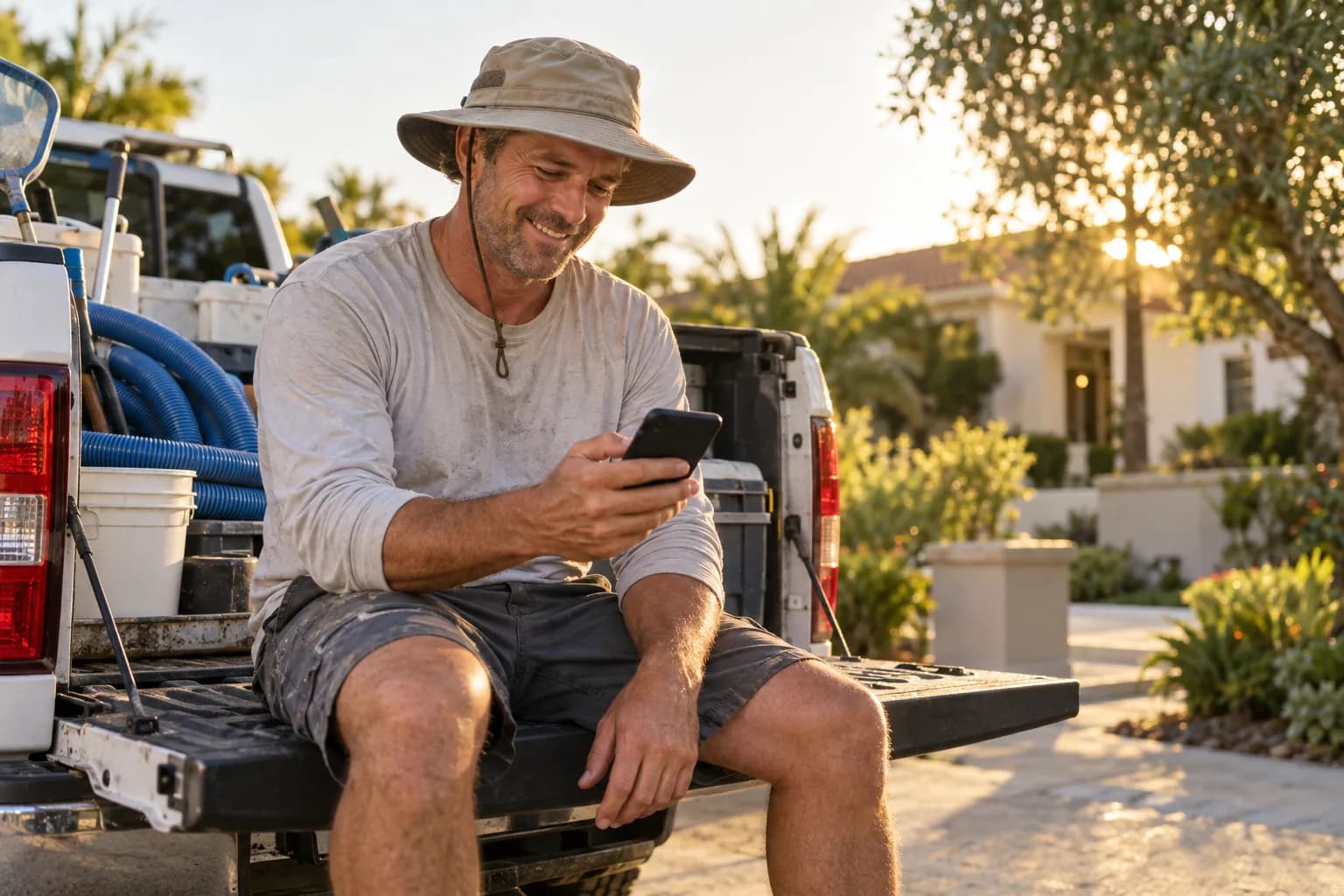 A pool service pro checking the Marlo app between jobs