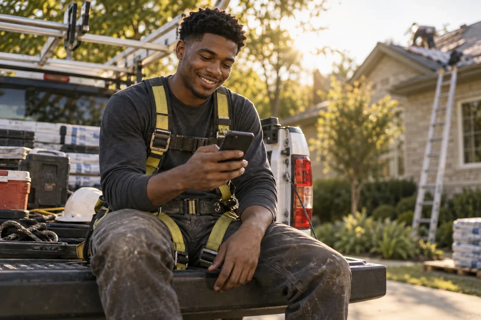 A roofing pro checking the Marlo app between jobs