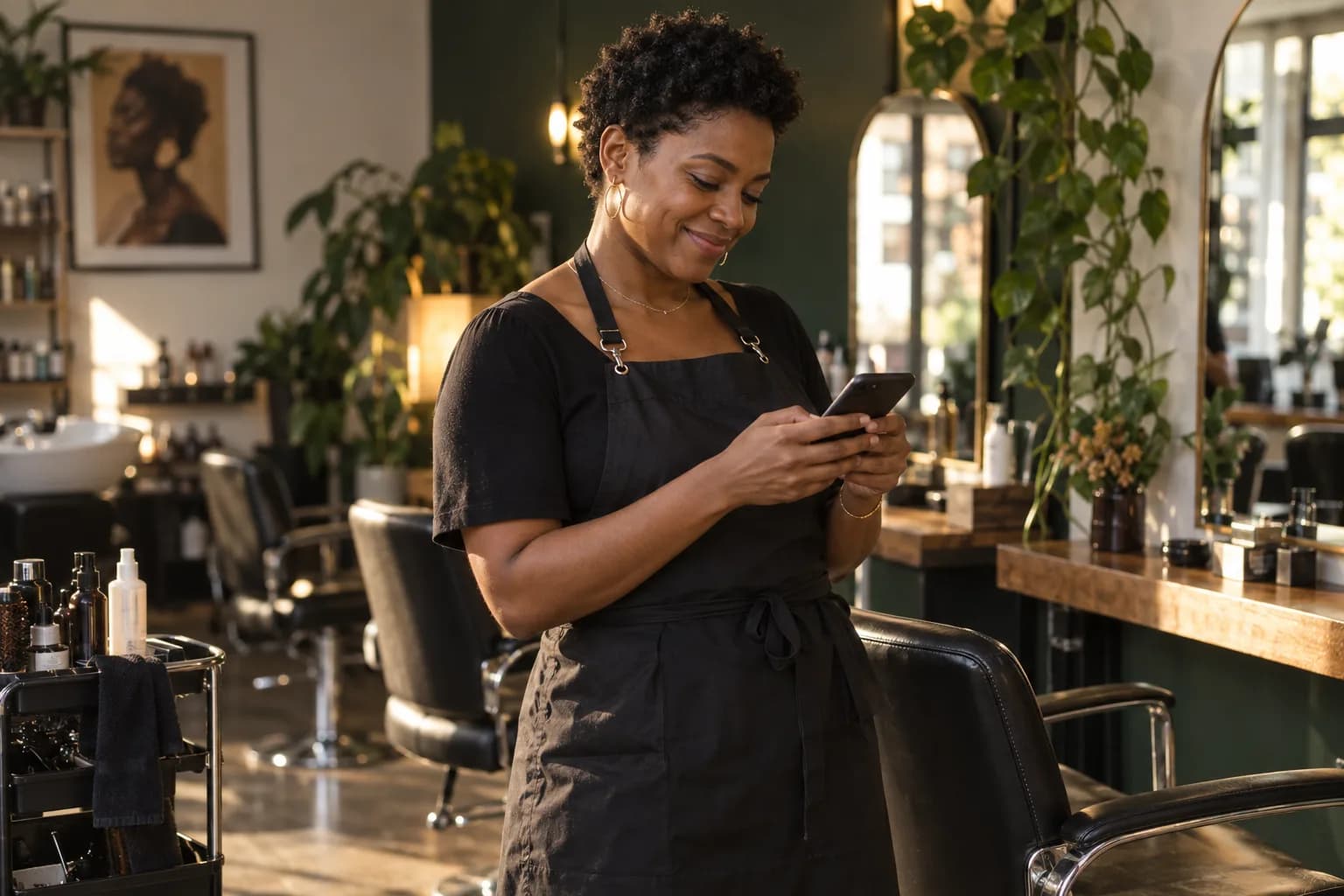 A salon pro checking the Marlo app between jobs