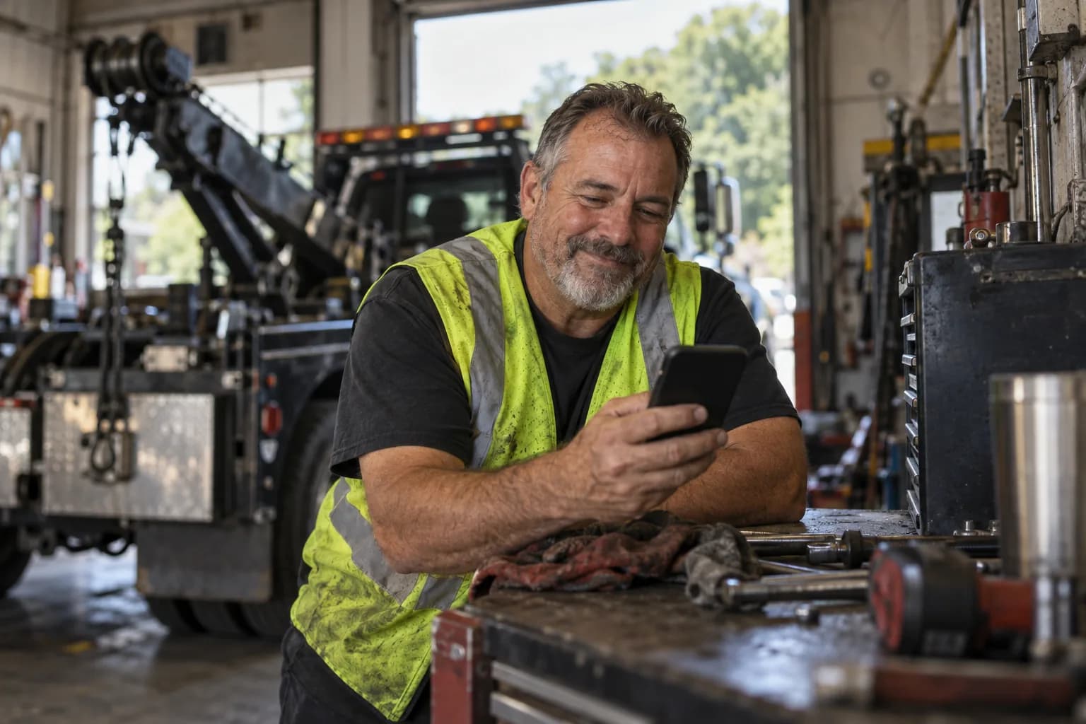 A towing pro checking the Marlo app between jobs