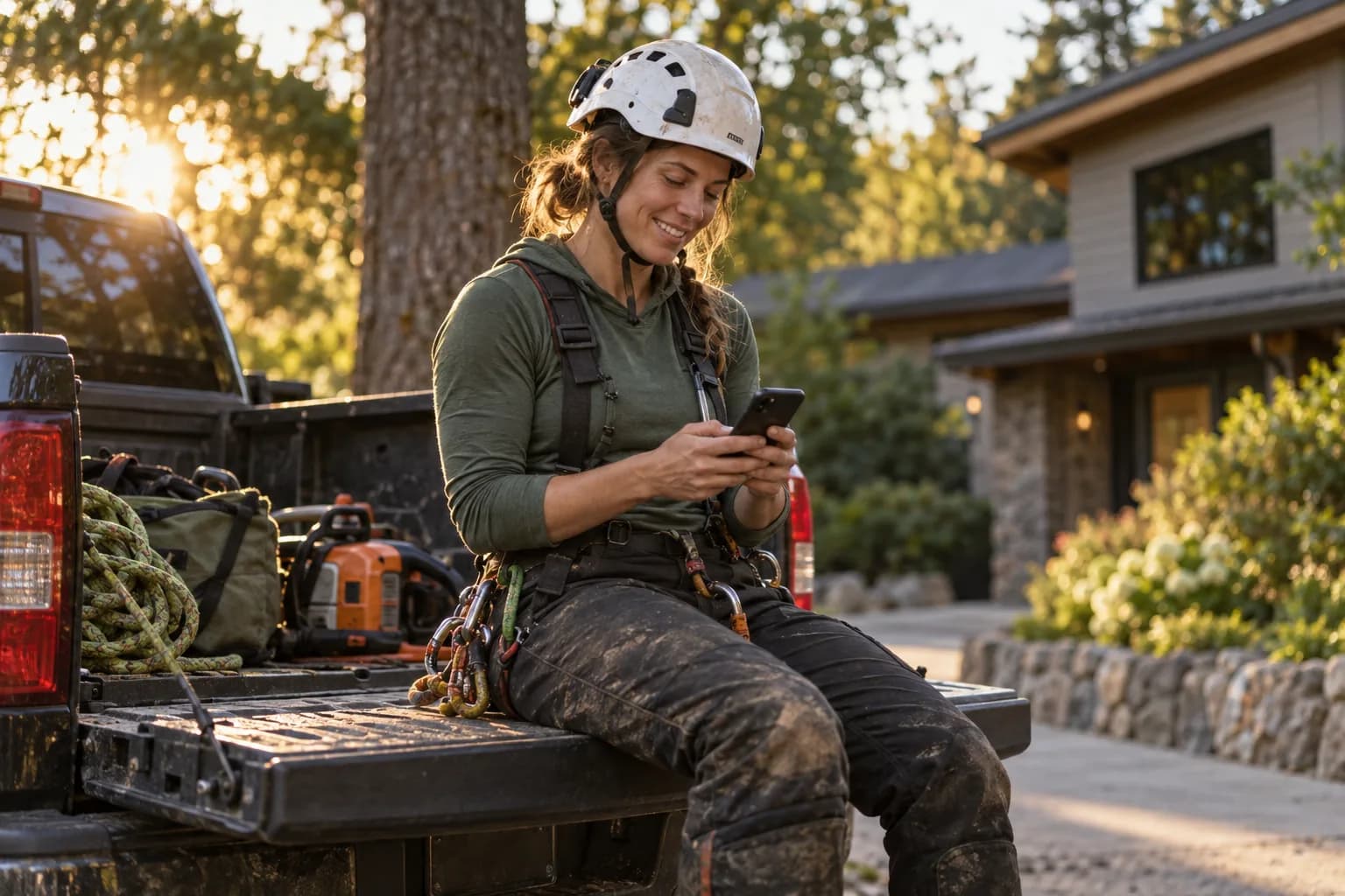 A tree care pro checking the Marlo app between jobs