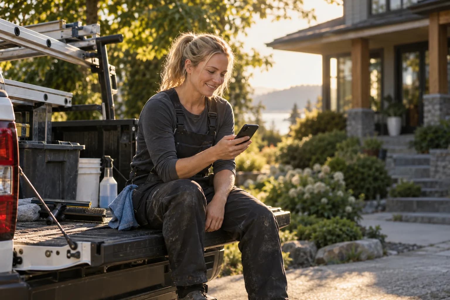 A window cleaning pro checking the Marlo app between jobs