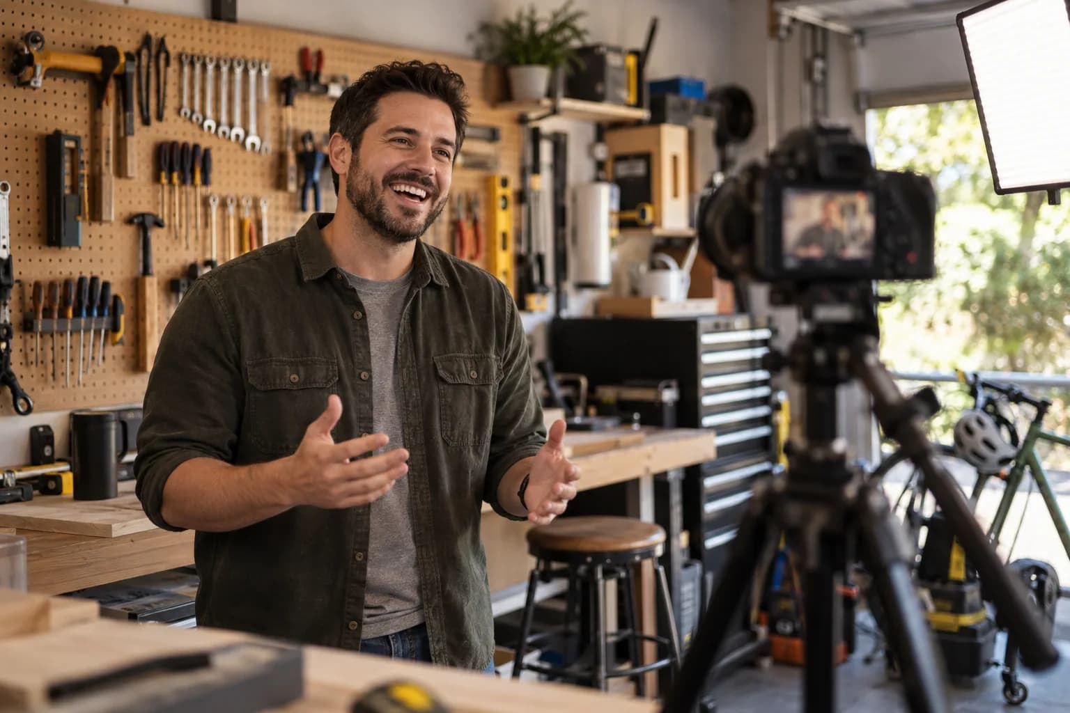 A creator filming a video in his workshop