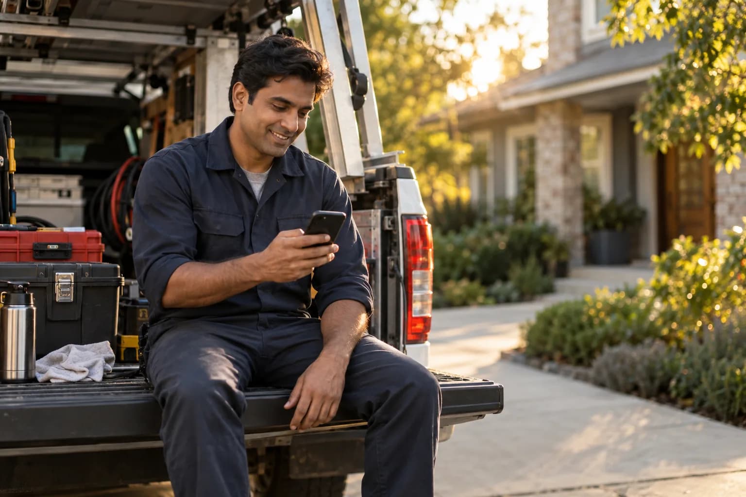 A appliance repair pro checking the Marlo app between jobs