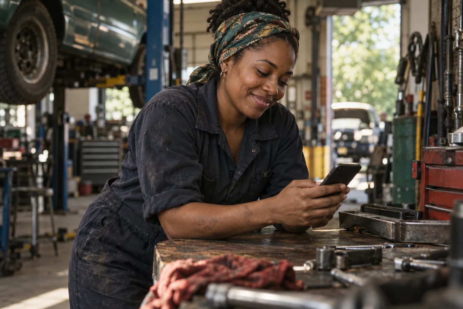 A auto repair pro checking the Marlo app between jobs