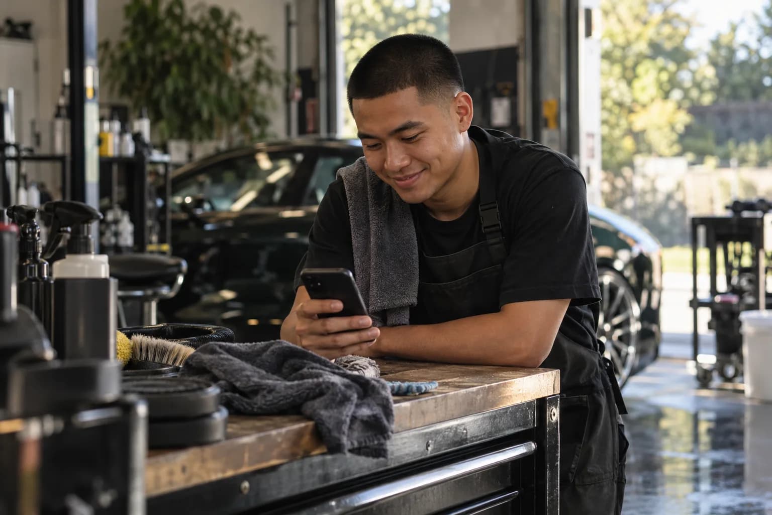 A detailing pro checking the Marlo app between jobs