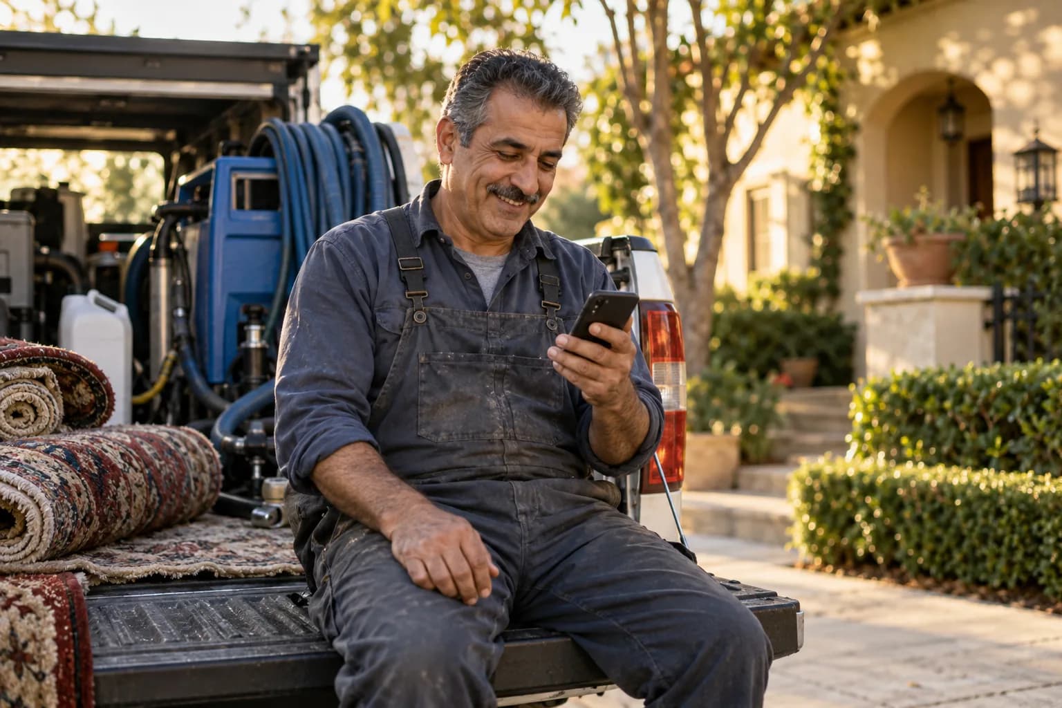 A carpet cleaning pro checking the Marlo app between jobs
