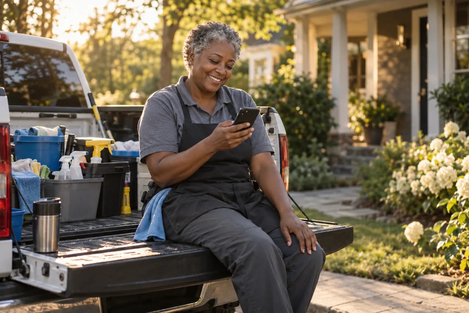 A cleaning pro checking the Marlo app between jobs