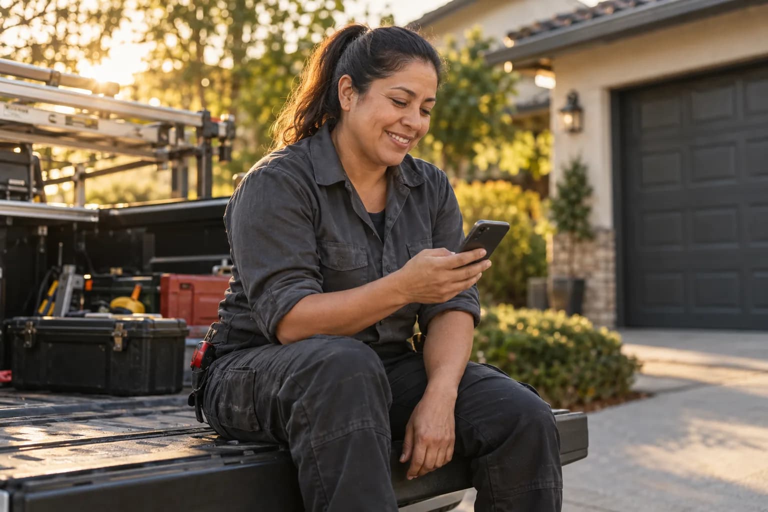 A garage door pro checking the Marlo app between jobs