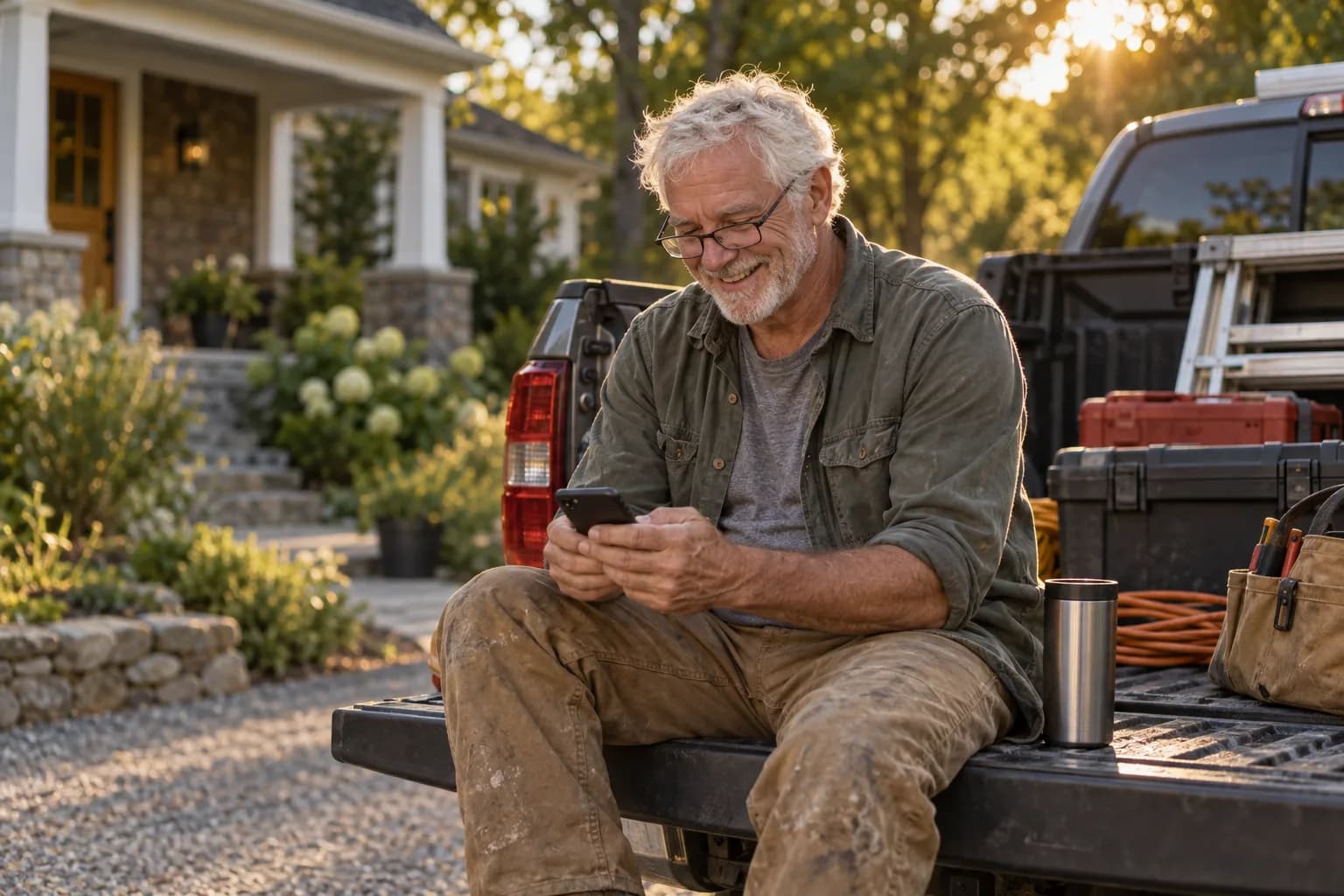 A handyman pro checking the Marlo app between jobs