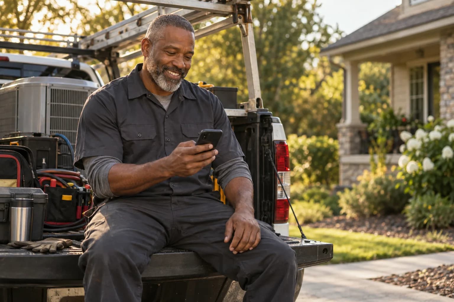 A HVAC pro checking the Marlo app between jobs