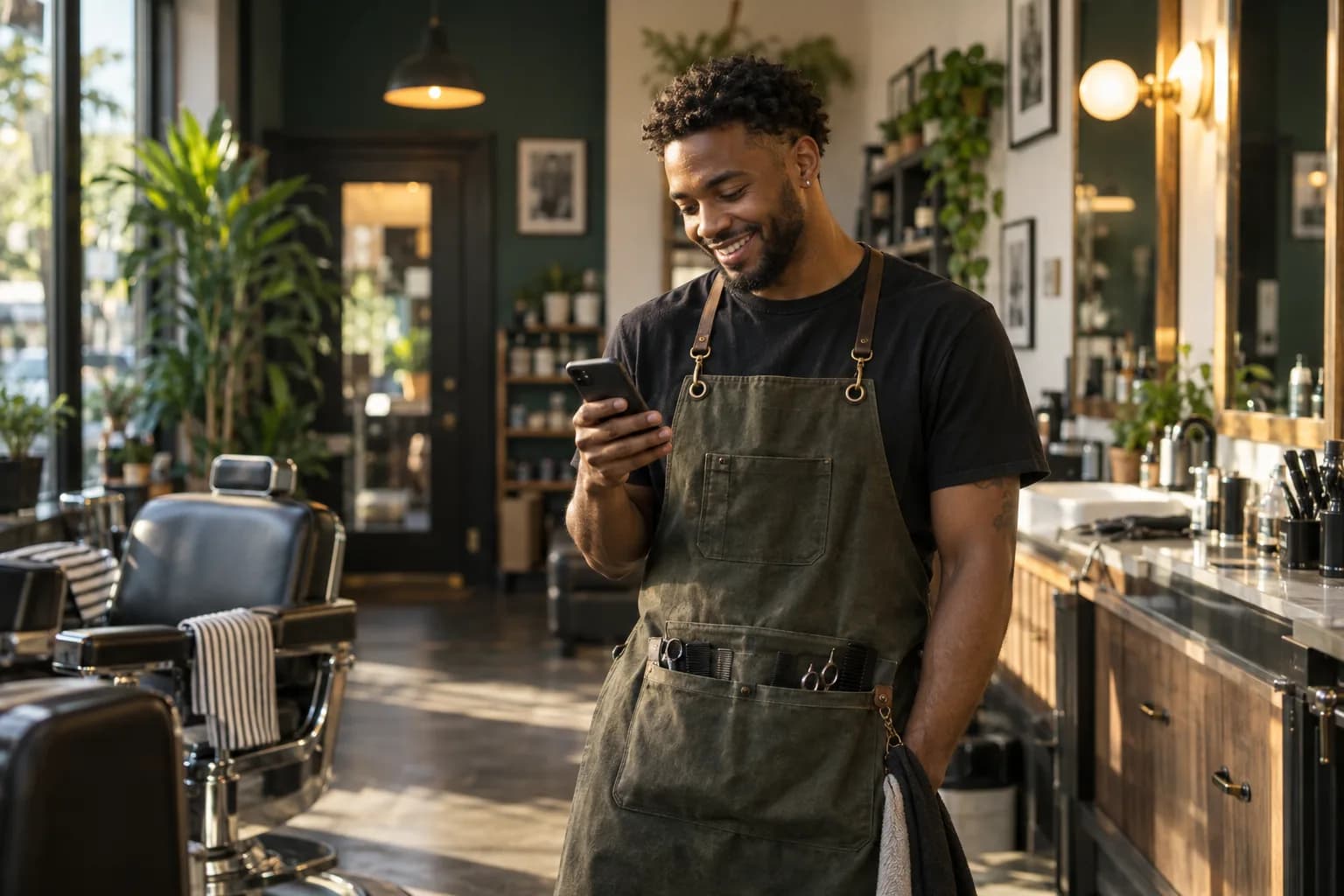 A grooming pro checking the Marlo app between jobs