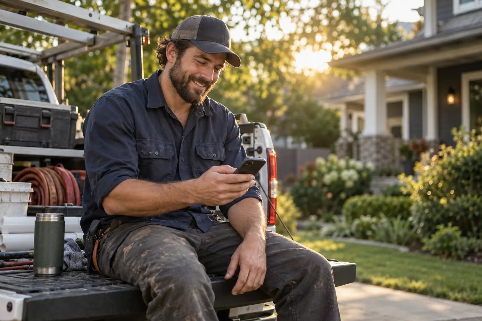 A plumbing pro checking the Marlo app between jobs