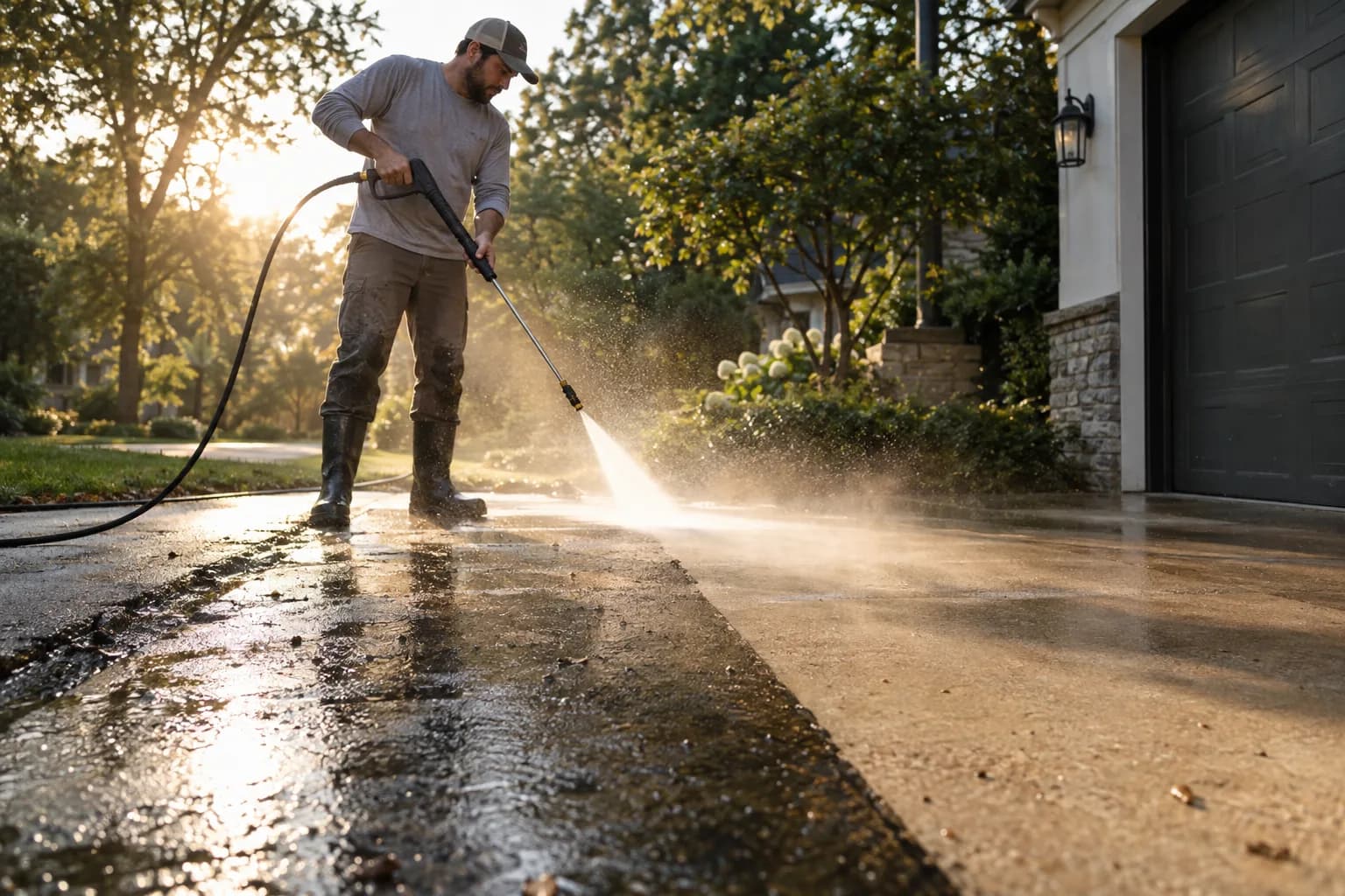 A pressure washing pro at work