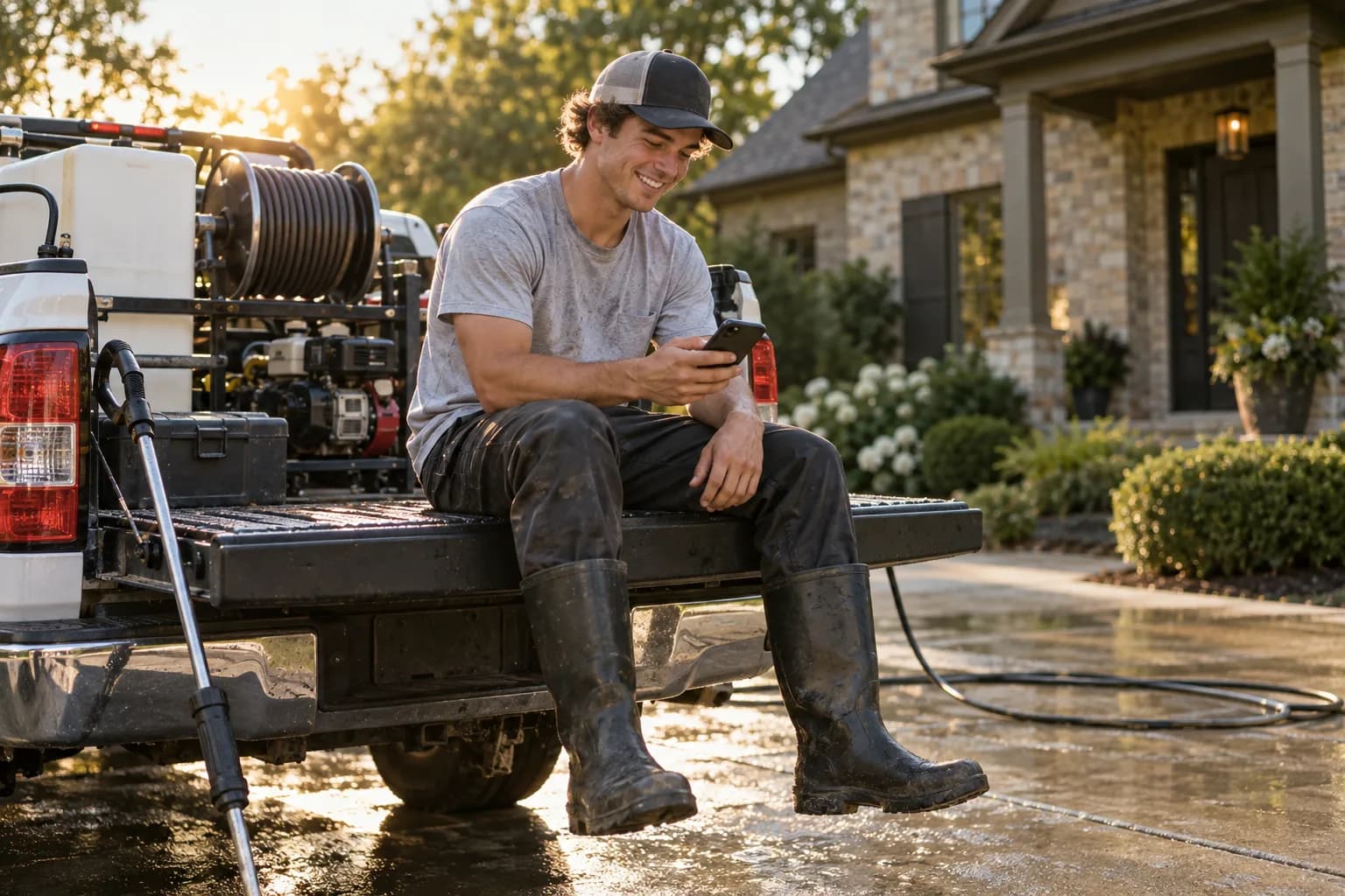 A pressure washing pro checking the Marlo app between jobs