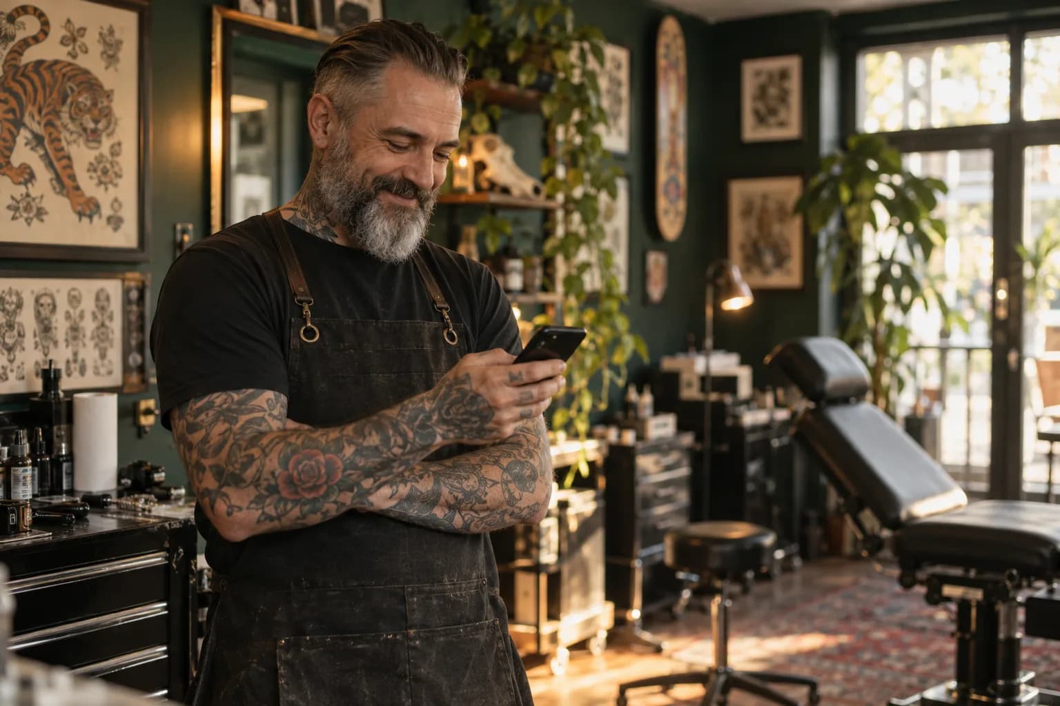 A tattoo pro checking the Marlo app between jobs